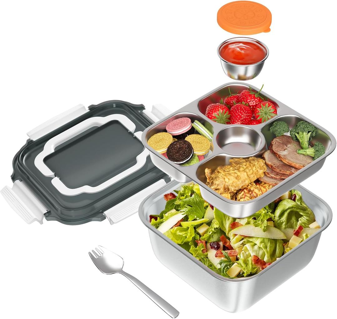 Salad Container for Lunch: 64oz Salad Bowl with Included Spork, 4-Section Bento Tray & Sauce Pot, White 