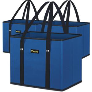 BALEINE 3Pk Reusable Grocery Bags, Foldable Shopping Bags for Groceries with Reinforced Bottom & Handles (Blue)