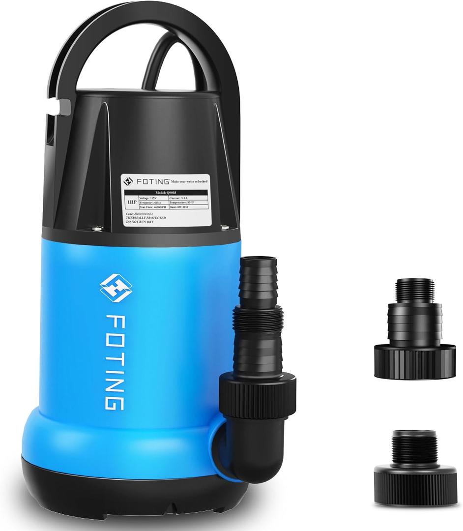 FOTING Sump Pump 1HP Clean/Dirty Submersible Water Pump, 4600GPH Utility Pump Thermoplastic Electric Portable Transfer Water Pump for Swimming Pool Garden Pond Basement with 10ft Long Power Cord