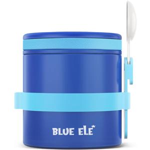 BLUE ELE Vacuum Insulated Thermos Food Jar for Hot Food, 13.5oz, Leak-Proof, Ceramic-Coated Stainless Steel Lunch Container with Folding Spoon, Easy Grip Lid, Deep Blue