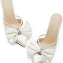 Coutgo Womens Bow Heels Mules Pointed Closed Toe Sandals Rhinestone Satin Backless Wedding Shoes Size 10