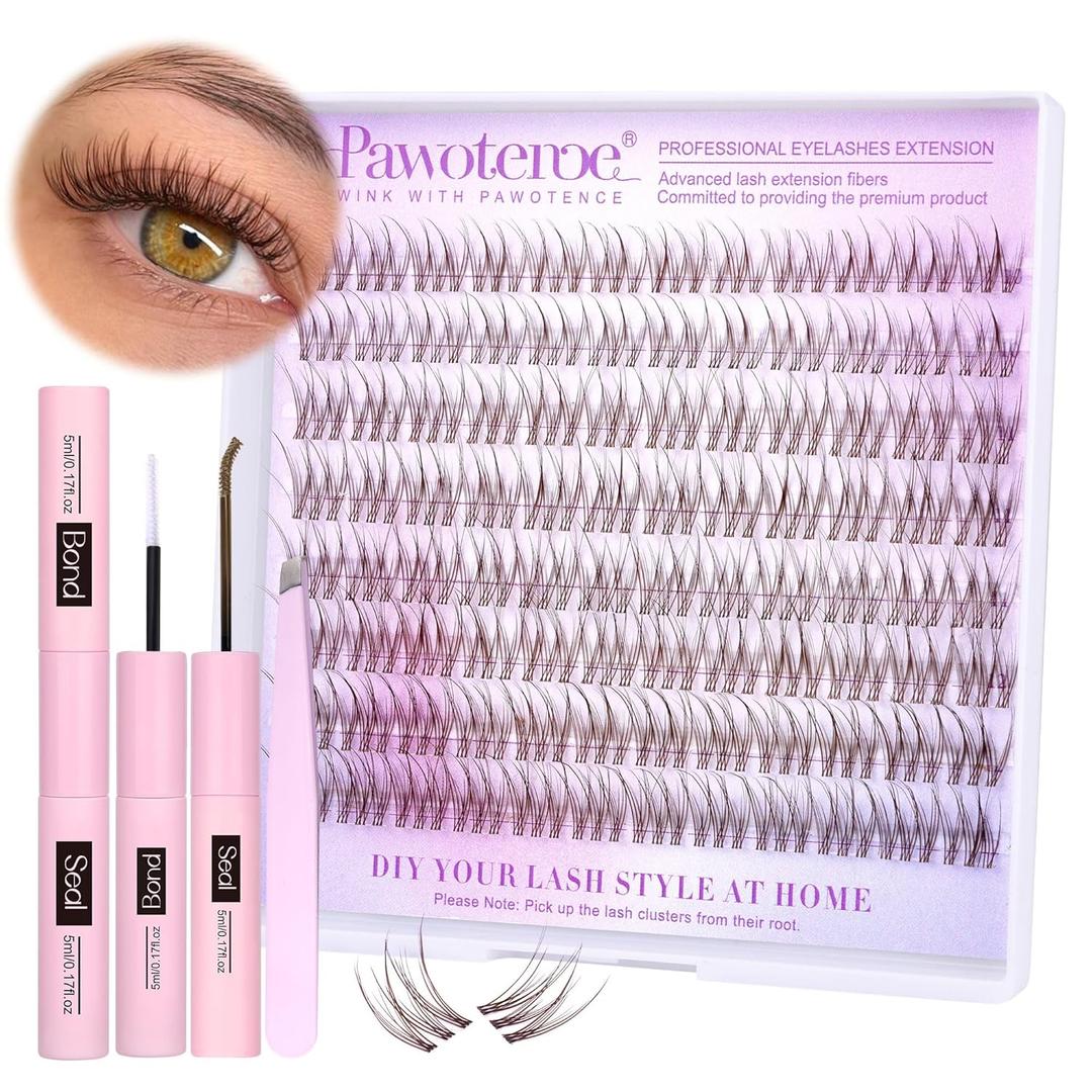 Pawotence Brown Lash Extension Kit Lash Clusters Wispy clear Band 10-12mm Individual Lashes Natural Brown Clusters Eyelash Extension Kit with Lash Bond and Seal, Lash Applicator for Self Use. Broken Case & Missing 6 Lashes