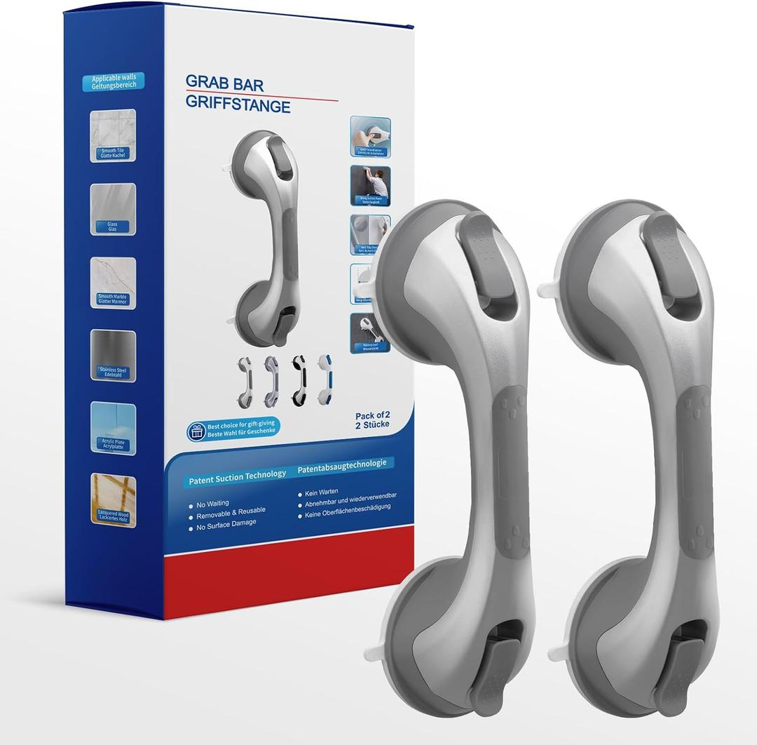 Shower Grab Bars,Suction Shower Handles,2 Pack,12.2",Silver | safety for elderly,seniors,showers,bathtubs&toilet,bathroom grip bar heavy duty rails,no drilling removable waterproof