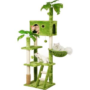 Meecal 65in Tall Cat Tree with Leaves for Indoor Cats, Green Cat Tower with Scratching Post, Hanging Hammock, Cozy Perch, Swing Ball, Self Groomer and Cat Ladder, Cat Tree Tower