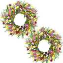 Hotop 2 Pcs Spring Summer Door Wreath for Front Door 22'' Artificial Daisy and Lavender Floral Wreath with Green Leaves Jasmine Orchid Flower for Indoor Outdoor Home Wedding Farmhouse Window Decor