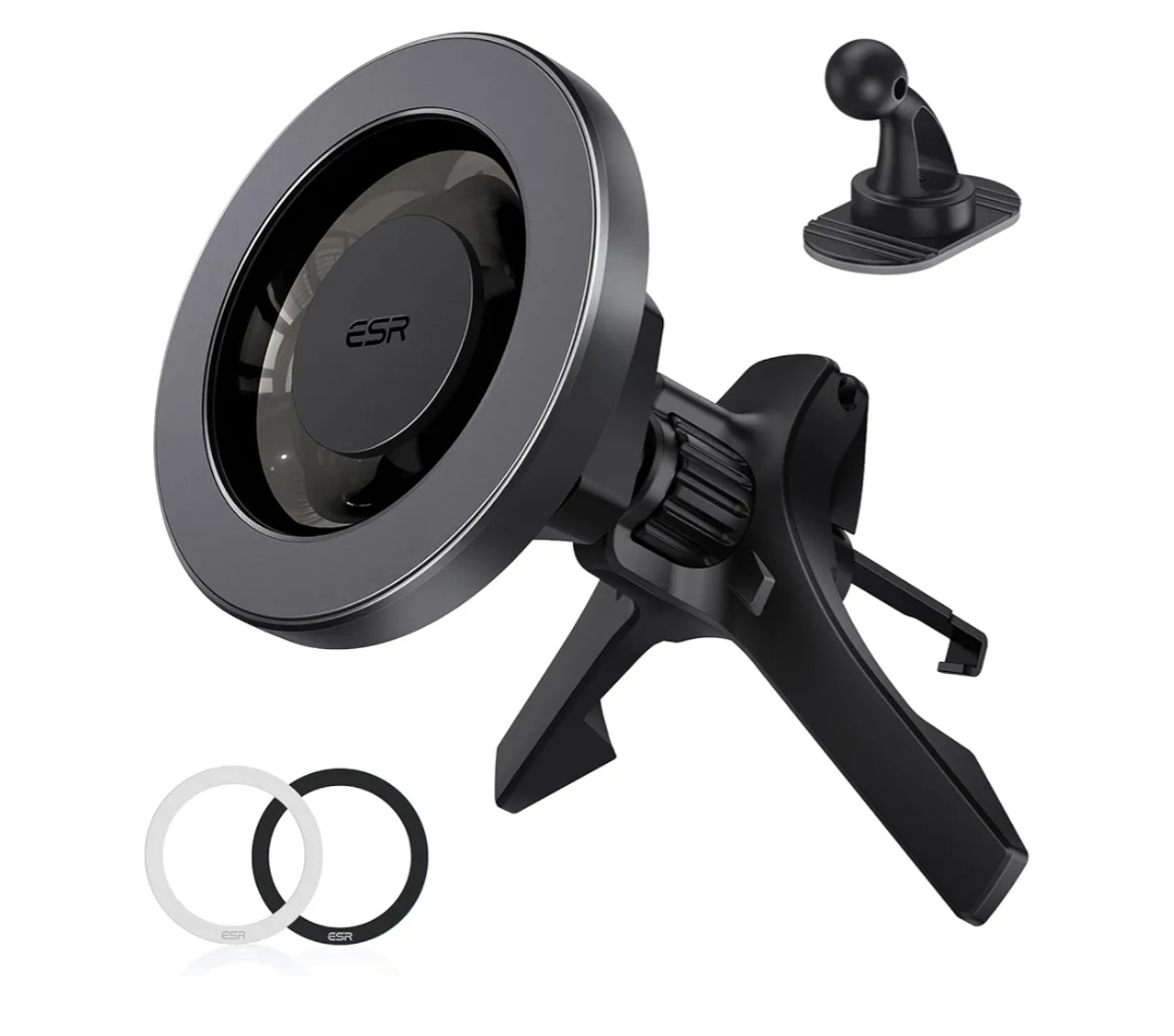 ESR for MagSafe Car Mount, Magnetic Phone Holder for Car Air Vent, Car Phone Holder Mount for iPhone 17e/17/16/16e/15/14/13/12/Samsung, All Smartphones(2 Metal Rings Included),Charging Not Supported