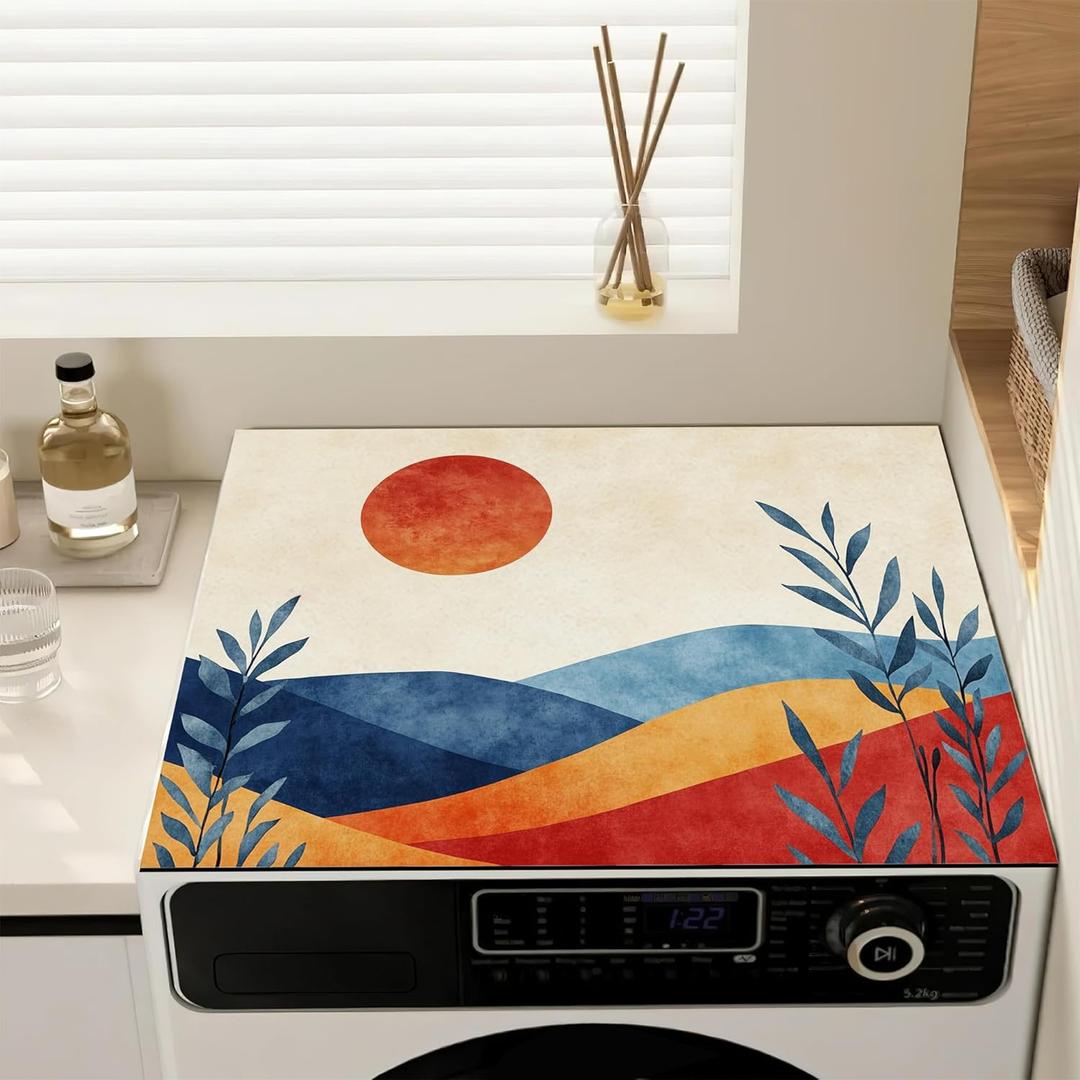 Washer and Dryer Covers for the Top,Boho Sun Plant Mountain Non Slip Washing Machine Dust Cover Pad, Dryer Topper Protector Mat for Laundry Kitchen Home Decoration, 23.6" x 19.7"