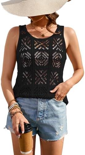 Women's Crochet Tank Tops Summer Knit Sweater Vest Hollow Out Sleeveless Boho Top, XL