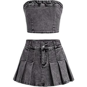 WDIRARA Girl's Y2K 2 Piece Outfits Bandeau Tube Tops Jeans Denim Sets A Line Pleated Mini Skirt Set Black 9Y