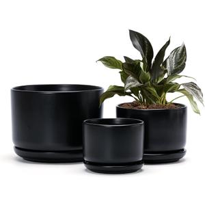 Ton Sin Plant Pots, 4.1+5.1+6.5 inch, Set of 3, Ceramic Planters with Drainage Hole and Saucer, Indoor Flower Pot Gifts for MomMatte Black