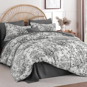 Dinjoy Queen Comforter Set - 5 Pieces Floral Comforter Set Grey, Bed in a Bag Queen with Botanical Print, Winter Soft Comforter Bedding Set with Sheets (Comforter 90"x90")