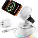 5 in 1 Wireless Charger, Foldable Wireless Charging Station with Night Light for Apple Magnetic Charger, Retractable Cable Fast Charger Stand for iPhone 17/16/15/14/13/12, Apple Watch, AirPods Pro 3 (White)