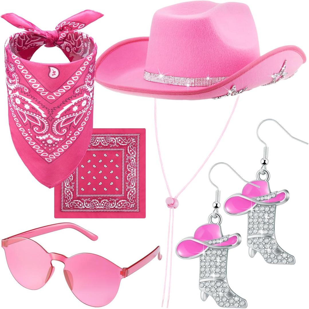Hercicy 4 Pcs Cowgirl Costume Set Cowboy Hat Sunglasses Bandana Earring Halloween Costume Accessories for Women Cosplay Party (Dark Pink)