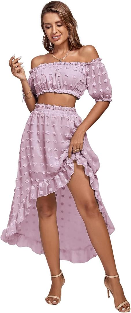 LYANER Women's 2 Piece Outfit Dress Off Shoulder Crop Top High Waist Ruffle Midi Skirt Set, XS Dusty Pink