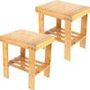 PINGEUI 2 Packs 13 Inches Bamboo Step Stool, NonSlip Small Seat, Durable Footrest Bench With Storage Shelf for Bathroom, Bedroom, Kitchen