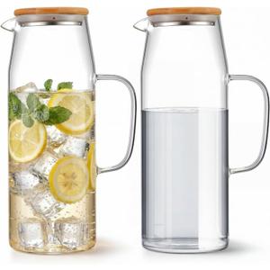 Hsei 2 Sets Glass Pitcher with Lid, 67.6 oz / 2000 ml Water Carafe with Handles Hot Cold Beverage Water Jar Glass Jug for Tea Juice Milk Coffee Iced Beverage(2l)