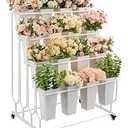 Flower Display Stand Frame, 4 -Tier Flower Cart with Wheels, Metal Floral Display Rack, Moving Florist Bouquet Shelf for Shop, Flower Bar, Events (White - 4 Tier)