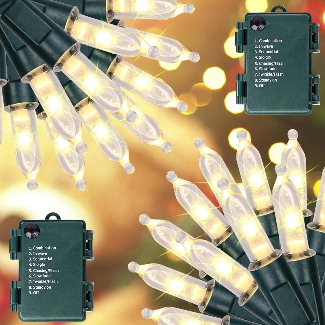 Blissun Christmas Lights, 50-Count Green Wire Light Set, Battery Operated Christmas Mini String Light with 8 Modes, 16 ft Fairy Lights for Christmas Tree Garden Wreath Decorations (2 Pack, Warm White)