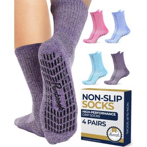 Pembrook Non Slip Crew Grip Socks Men & Women - 4 Pairs | Non Slip Socks for Elderly, Hospital, Pilates, Yoga, Barre, Home, X-Large