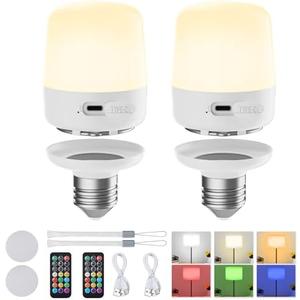 Minetom E26 Rechargeable Light Bulbs with Remote and Timer, Battery Backup Bulb with 12 Colors and Brightness Dimmable, 2300mAh 40W Equivalent LED Light Bulbs for Lamps Sconces Camping, 1 Pack