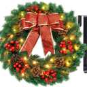 Christmas Wreaths for Front Door with Lights & Timer - 17" 40 LED Pre-Lit Lighted Christmas Wreath Decorations with Metal Hanger, Real Touch Pine Pinecone Xmas Wreath for Windows Indoor Outdoor Wall (Small)
