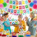 42 Pcs Happy Teacher Retirement Decorations Retirement Banner Backdrop Hanging Swirls Paper Pompoms Honeycomb Centerpieces School's out Decor for Retired Farewell Party Supplies