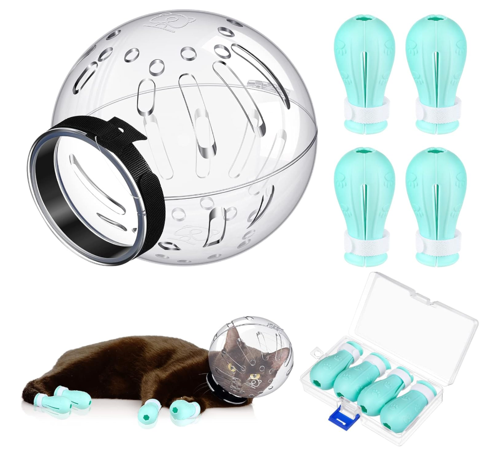 Cat Muzzle for Grooming Cat Adjustable Hood with Paw Covers, Kitten Breathable Anti Bite Muzzles Anti Scratch Boots Silicone Pussy Shoes Boots Kitten Paw Protector for Pet Bathing Shaving(Large)