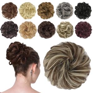 FESHFEN Messy Bun Hair Piece - Elastic Wavy Curly Hair Bun Scrunchies Extensions Synthetic Chignon Hairpieces for Women Girls, Golden Brown & Bleach Blonde 1.5 oz (Medium)