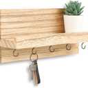 Lwenki Decorative Key Holder for Wall with Shelf, Entryway Shelf with Hooks Holds Leashes, Jackets and Glasses Sturdy Wood Keyholder Entrance Hanger with Mounting Hardware (Wood, Medium)