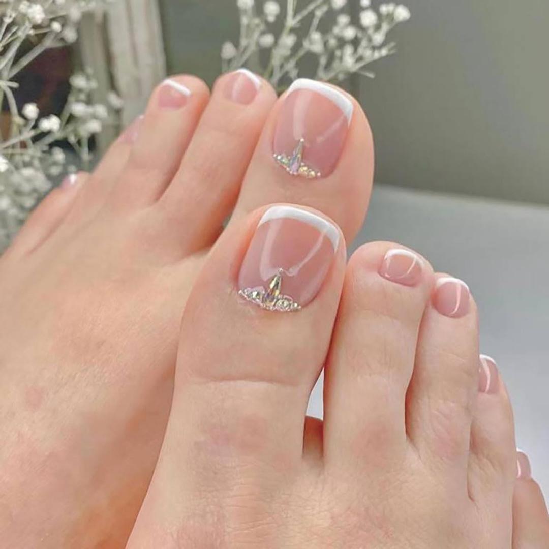 French Tip Press On Toenails - Square, Rhinestone, Glue On, Nude, Short, False, Full Cover, Glossy Acrylic - 24Pcs