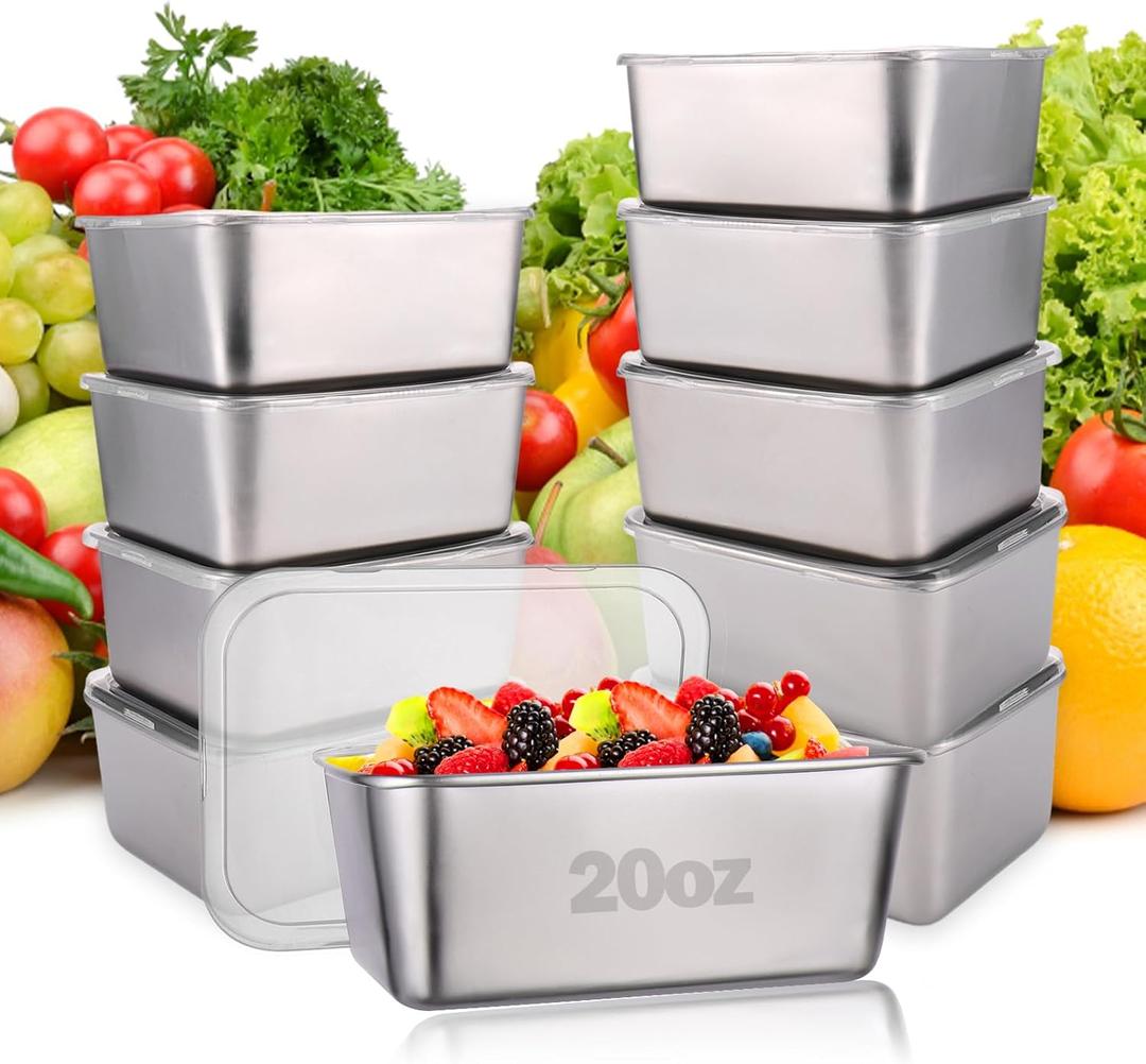 Palksky Food Storage Containers, Stainless Steel Food Containers with Lids, Reusable, Stackable, Dishwsher/Freezer Safe, 20 Oz, 10 PCS