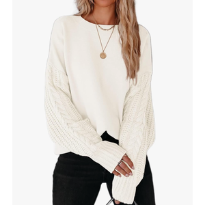 Women's 2025 Fall Long Sleeve Crew Neck Solid Color Cable Knit Chunky Casual Oversized Pullover Sweater Tops, Size 2XL