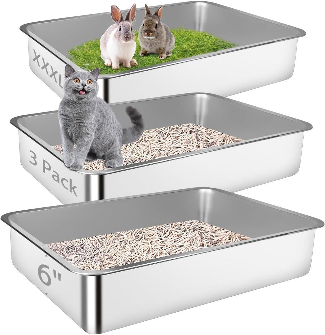 Stainless Steel Litter Box, 3 Pack 27.6"x19.7"x5.9" XXXL Metal High Sided Cat Litter Pan, Extra Large Stainless Steel Box Splash-Proof and Non-Stick Cat Poop Box odorless