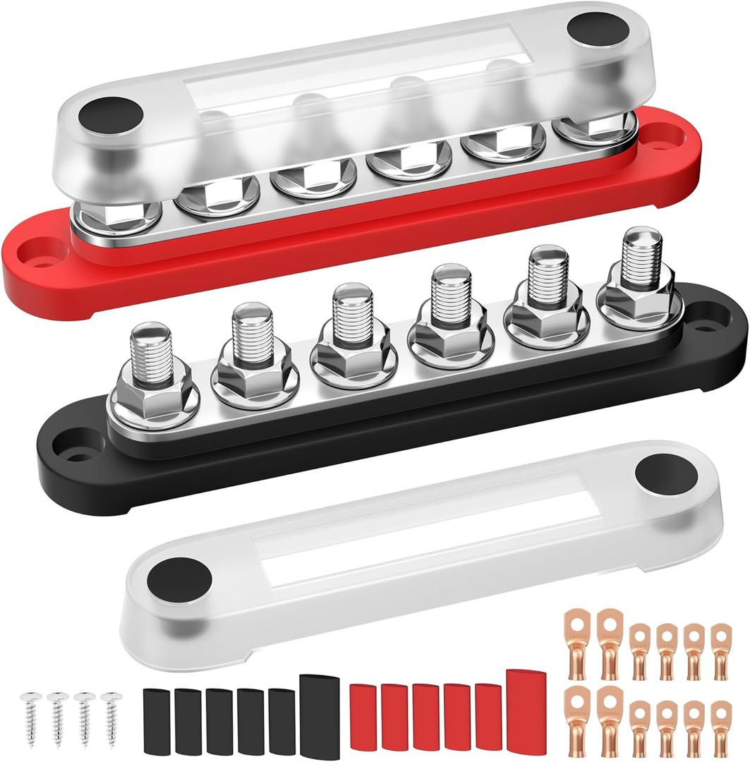 RVMARINEPAT 12V Bus Bar 250A Power Distribution Block, 12 Volt Busbars 6 x 5/16" (M8) Terminal Studs Positive & Negative for Car, Marine, Solar Systems
