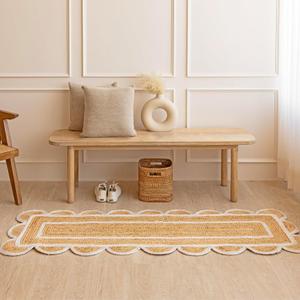 HOMEMONDE Scalloped Jute Runner Rug 2 x 6 ft - Natural Fiber Scallop Rug Rustic Vintage Braided Handwoven Indoor Carpet for Entryway/Kitchen/Bedroom/Living Room (Natural)