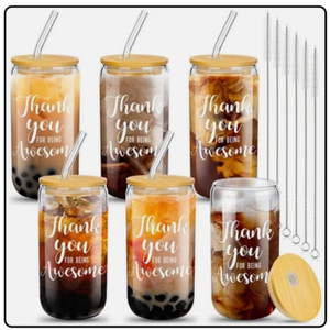 Jinei 6 Set Thank You Glass Cups Bulk with Lids Straws Employee Appreciation Insulated Sleeve Gifts 17 oz Can Shaped Beer Gratitude Jar for Staff Teacher Coworker Team Men Women