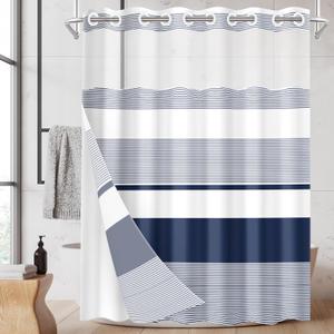 No Hook Navy Blue Shower Curtain with Snap in Fabric Liner Set, Boho Striped Modern Double Layers Waterproof Fabric with See Through Top Window Open Grommet Bath Curtain 71x74 Inch