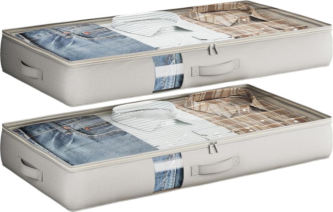 Under Bed Storage Containers with Window, Closet Organizers and Storage Bags, Foldable Underbed Storage Bags for Blankets, Clothing, Comforter, Linen Sheets, Wrapping Paper, 2 Pack, Grey