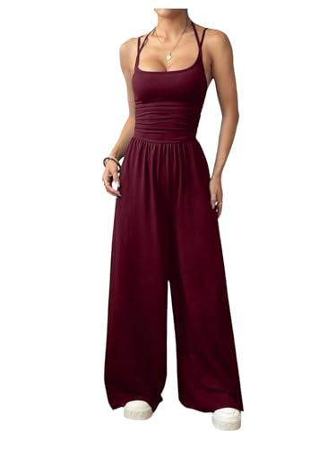 Floerns Women's Summer Jumpsuit Spaghetti Strap One Piece Outfit Wide Leg Baggy Pants Romper Burgundy Small