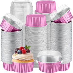 Gejoy 400 Pcs Aluminum Foil Baking Cups with Lids 5 oz Disposable Ramekins Mini Cake Pans Creme Brulee Cupcake Liners Muffin Dessert Container for Wedding Birthday Party (Classic,Dark Pink)