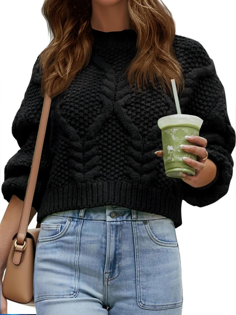 Saodimallsu Womens Cable Knit Cropped Sweater Fall Chunky Puff Long Sleeve Crewneck Loose Casual Pullover Tops (Small, Black)