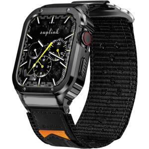 SUPLINK Stainless Steel Case&Nylon Band Compatible with Apple Watch Band 38mm 40mm 41mm 42mm 44mm 45mm 46mm 49mm,Rugged Metal Cover Adjustable Strap for iWatch Series 10 9 8 7 6 5 4 3 2 1 SE Ultra Men (Black)