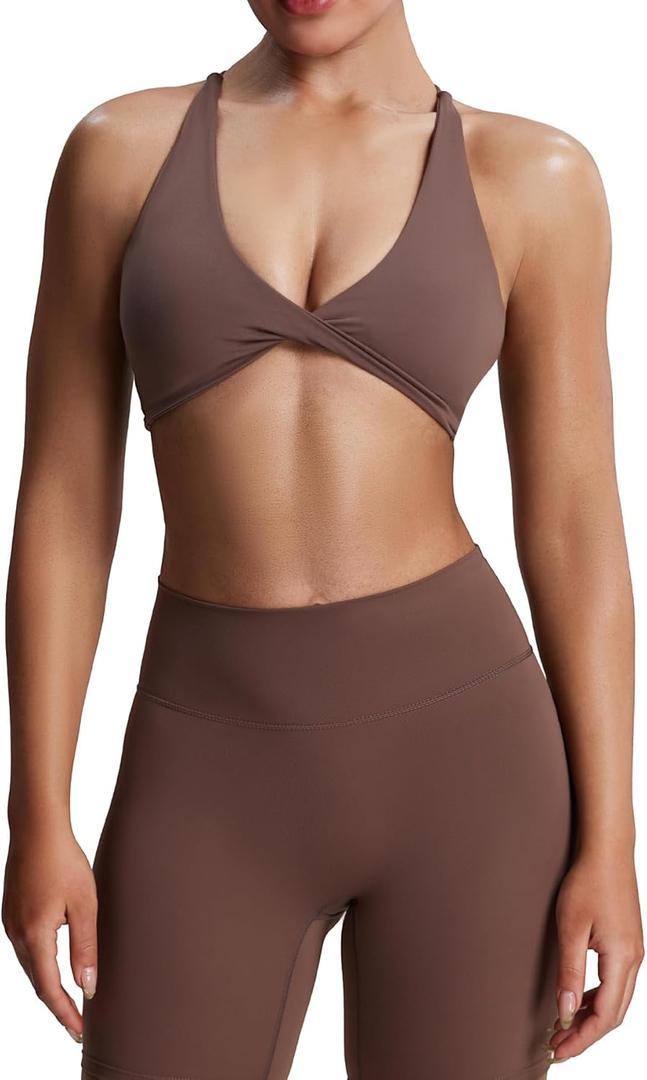 Aoxjox Women's Workout Sports Bras Fitness Metamorph Sienna Twist Bra Yoga Crop Tank (Fudge Coffee, Medium)