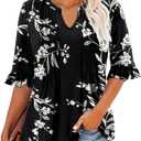 KISSMODA Womens 3/4 Length Sleeve Tops Summer Blouses Spring Ruffle Tunic T-Shirts Dressy Casual (Black, L)