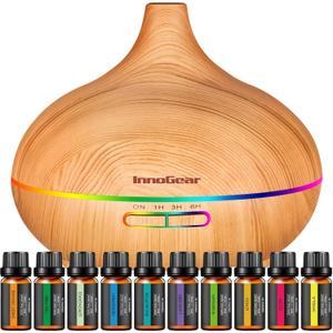 InnoGear Aromatherapy Diffuser & 10 Essential Oils Set, 400ml Diffuser Ultrasonic Diffuser Cool Mist Humidifier with 4 Timers 7 Colors Light Waterless Auto Off for Mother's Gift, Yellow Wood Grain