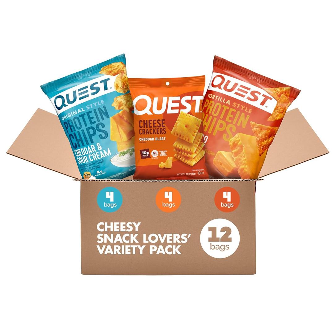 Quest Nutrition Cheese Lovers Variety Pack, Nacho Tortilla Style Protein Chips x4, Cheddar & Sour Cream Chips x4, Cheddar Blast Crackers x4, 12 Count