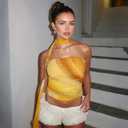 Women Y2K Mesh Tube Top Tie Dye Strapless Ruched Sleeveless Bandeau Tank Top Slim Fit Camisole Summer Crop Top with Scarves Yellow (Yellow, L)