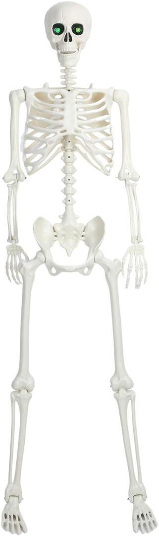 Life Size Skeleton, 5.4Ft/165cm Halloween Skeleton Poseable Skeleton Full Body Human Bones with Movable Joints for Indoor Outdoor Halloween Props Decorations (LED Eyes)