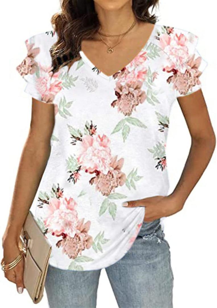 T&Twenties Womens Summer Tops Ruffle Short Sleeve Tunic Tops V Neck Loose Fit Flowy T-Shirts (M)