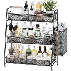 EKNITEY Bathroom Countertop Organizer Shelf - 3 Tier Counter Spice Rack Metal Makeup Rack Small Coffee Station Organizer for Sink/Bedroom/Living room/Kitchen/Office (Black with Basket)